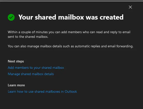 Confirmation that the shared mailbox was created with options to add members and manage settings