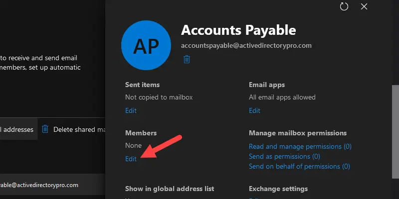 Shared mailbox details pane with the Edit link under Members