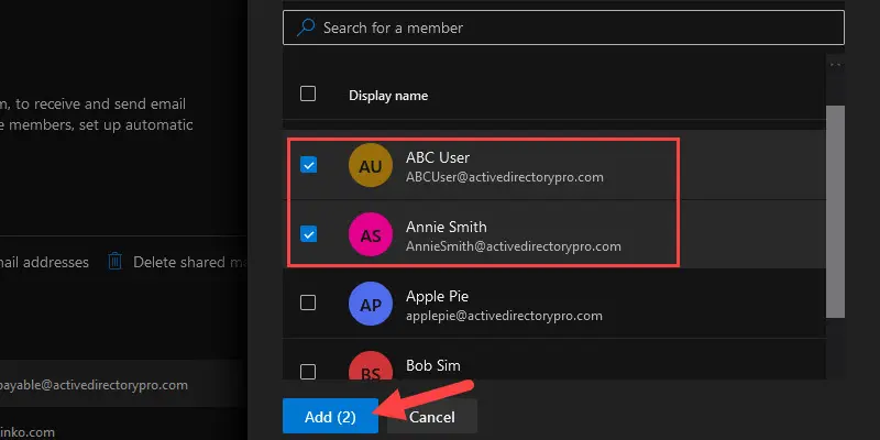 Add members panel with users selected from the list and the Add button