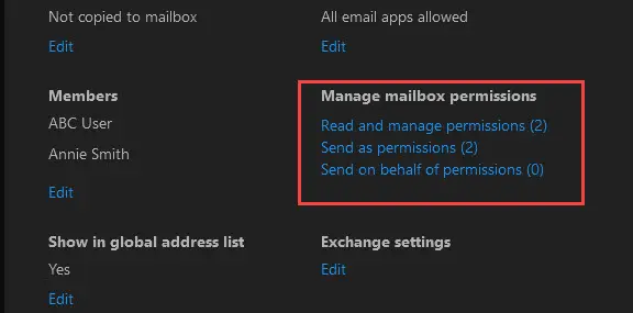 Shared mailbox permissions showing two members under Read and manage and Send as