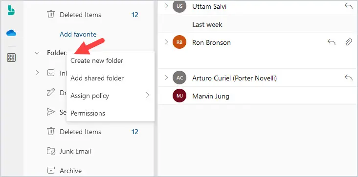 Outlook on the web with Folders right clicked and Add shared folder selected