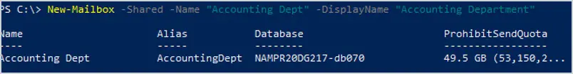 PowerShell running New-Mailbox with the Shared switch to create the shared mailbox
