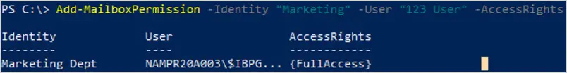 PowerShell running Add-MailboxPermission to grant a user full access to the shared mailbox