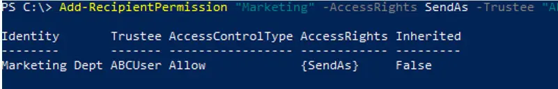 PowerShell running Add-RecipientPermission to grant Send as rights on the shared mailbox