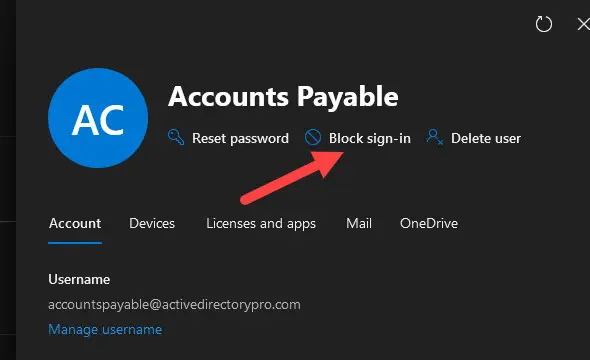 Active users list in the 365 admin center with the account created for the shared mailbox selected