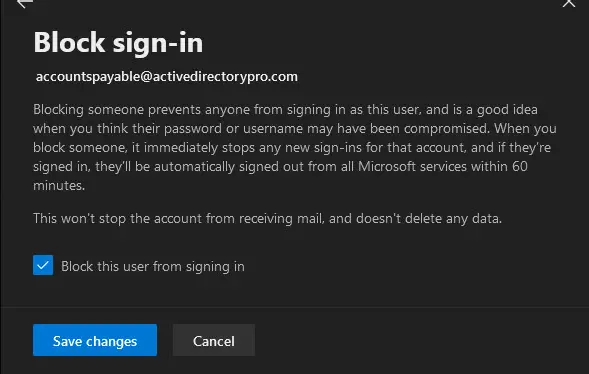 Block sign-in panel with the Block this user from signing in box checked