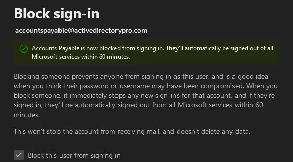 Confirmation message that the account is now blocked from signing in