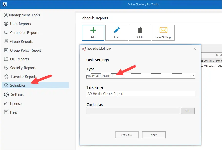Scheduler set to run the health check report and email the results