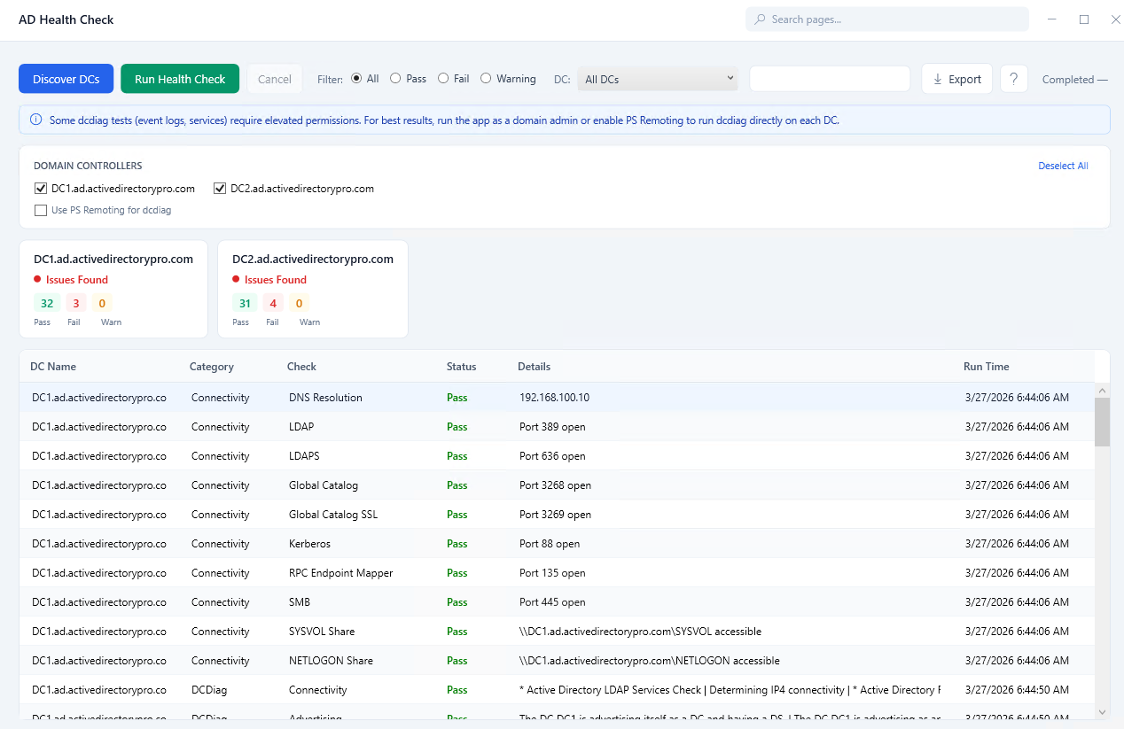 AD health check tool showing pass and fail results for each domain controller