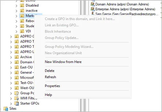 Link option greyed out when the user tries another OU they lack rights to