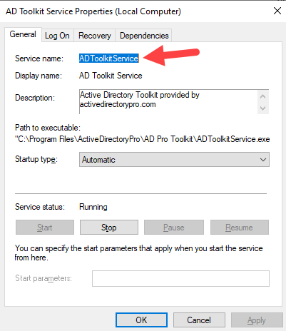 Service properties dialog showing the service name to copy