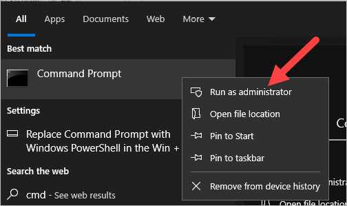 Command Prompt being opened with Run as administrator