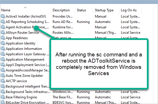 Services console showing the deleted service marked for removal until reboot