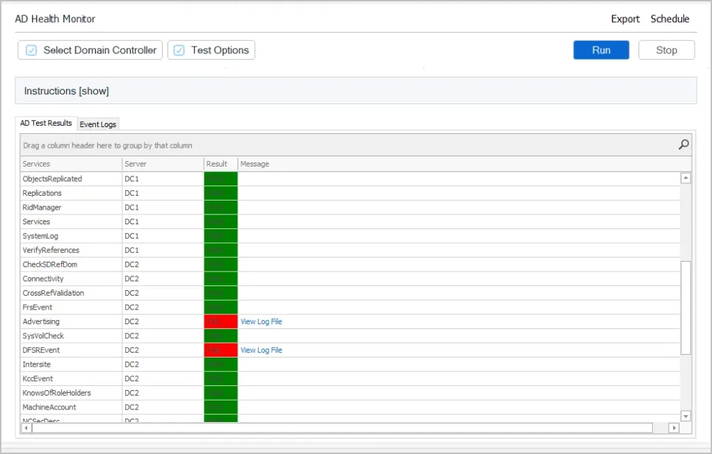 AD Health Check Tool showing test results for each domain controller
