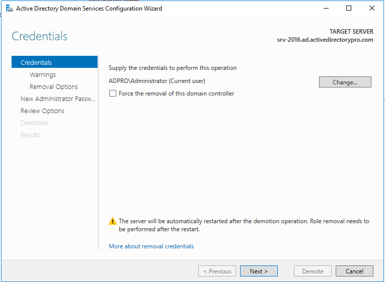 Credentials page with Force the removal of this domain controller left unchecked