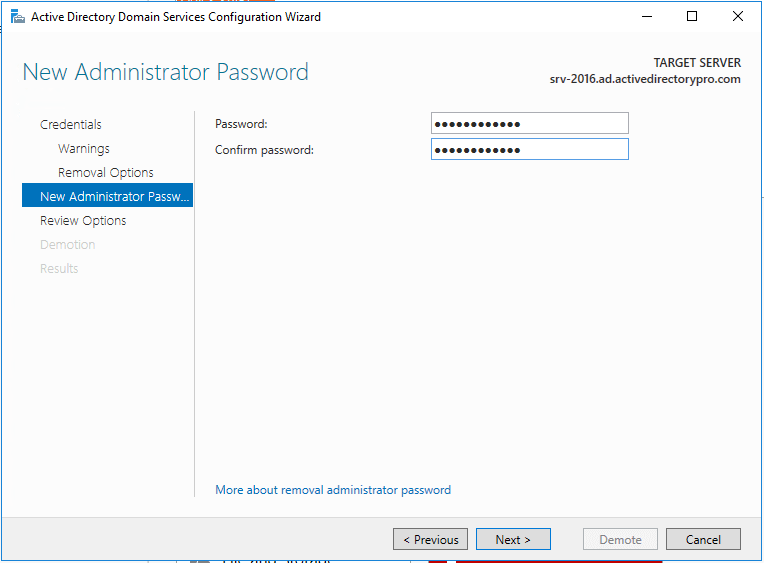 Wizard page for setting the new local administrator password on the demoted server