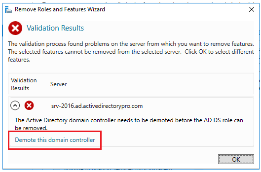Validation results screen with the Demote this domain controller link