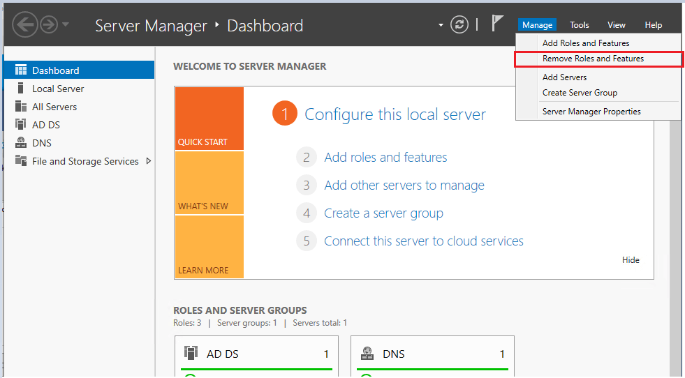 Server Manager Manage menu with Remove Roles and Features selected