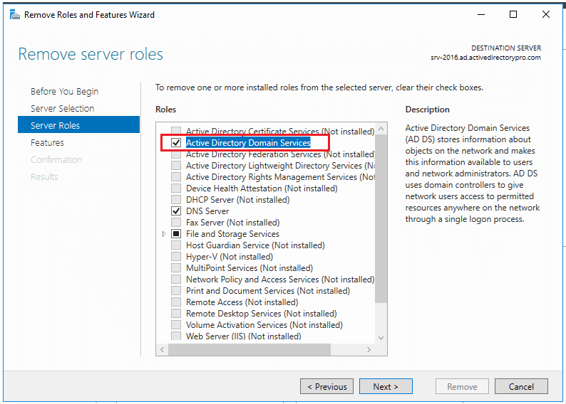Server Roles page with Active Directory Domain Services being unchecked