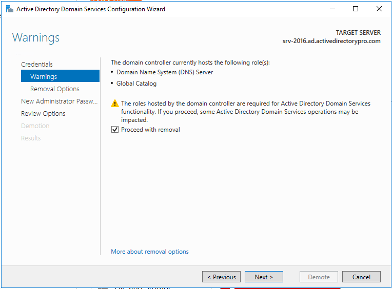 Warnings page listing additional roles with Proceed with removal checked