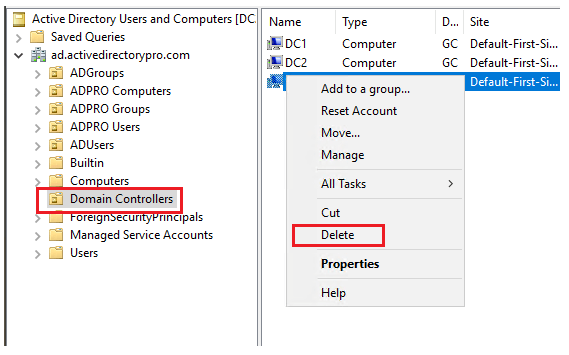 Domain Controllers folder with a dead domain controller right clicked and Delete selected