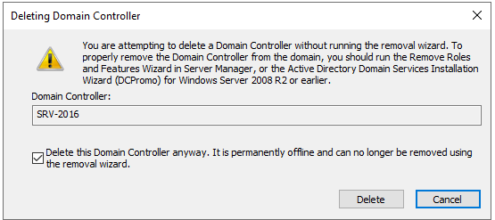 Confirmation dialog with Delete this Domain Controller anyway checked