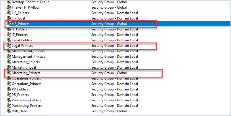 Active Directory security groups created for each department's printers