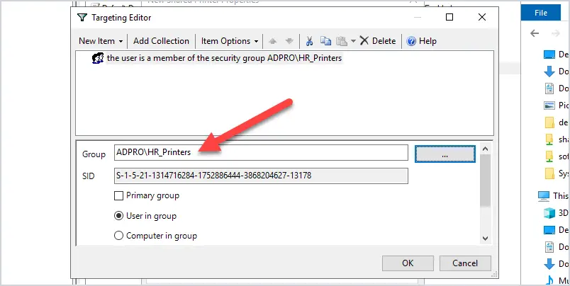 Targeting editor with the printer's security group selected