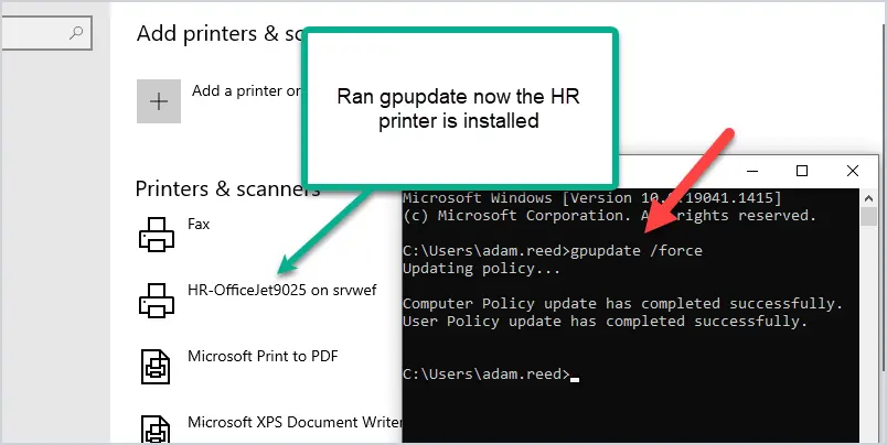 Printers list after gpupdate, now showing the installed shared printer