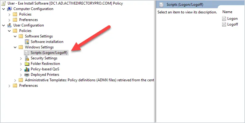 Group Policy editor browsed to User Configuration, Windows Settings, Scripts