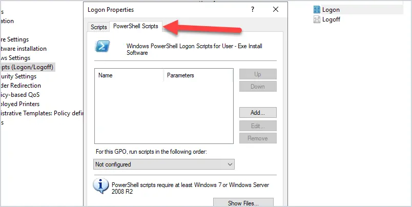 Logon properties open on the PowerShell Scripts tab