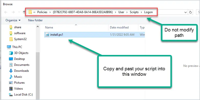 Browse window open at the GPO scripts folder where the ps1 file is copied