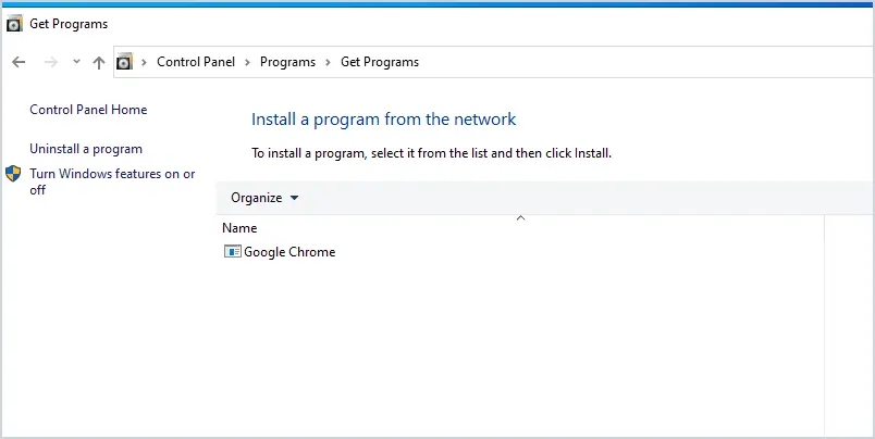 Control panel list of programs available to install from the network