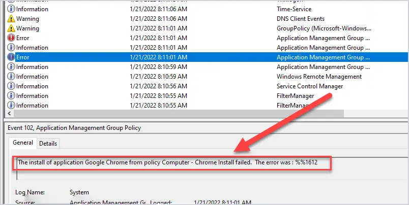 System event log showing an error from a failed software installation