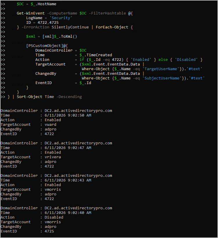 powershell track enabled or disabled user events