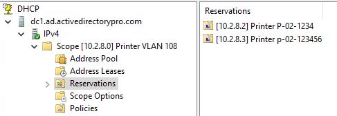 DHCP console listing address reservations for printers