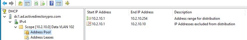 Data VLAN scope with the first ten addresses excluded from the DHCP pool