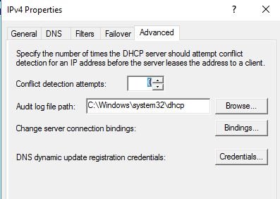 DHCP server advanced properties with conflict detection attempts set to zero