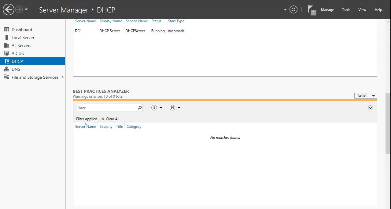 Server Manager with DHCP selected in the left navigation pane