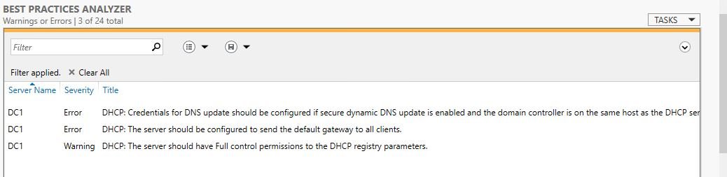 Best Practices Analyzer results for the DHCP role after the scan completes