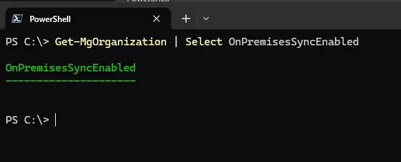 Get-MgOrganization output confirming on-premises sync is now false