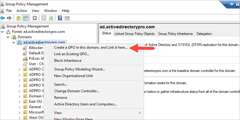 Group Policy Management console creating a new GPO