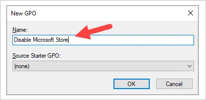 New GPO dialog with a name entered for the store policy