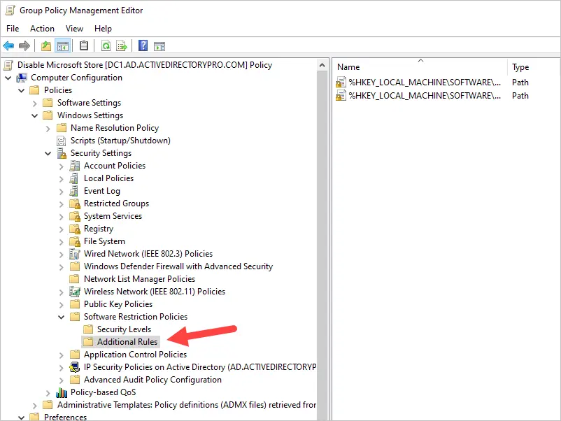 Group Policy editor browsed to Software Restriction Policies, Additional Rules