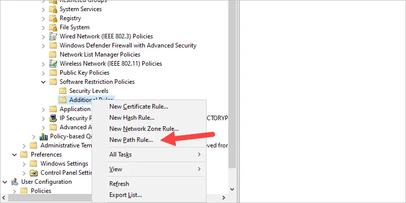 Additional Rules right clicked with New Path Rule selected