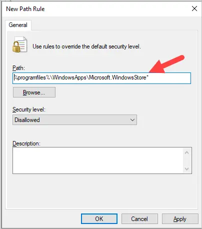 Path rule set to the WindowsApps store folder with security level Disallowed
