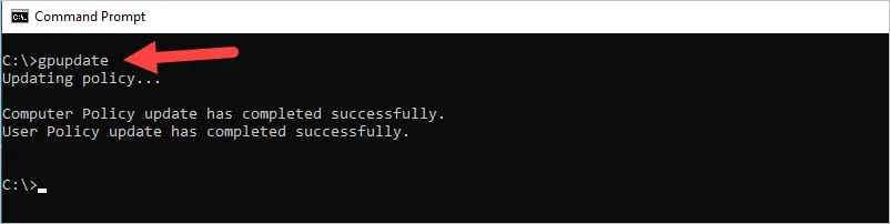 Command prompt running gpupdate to refresh policy on the client