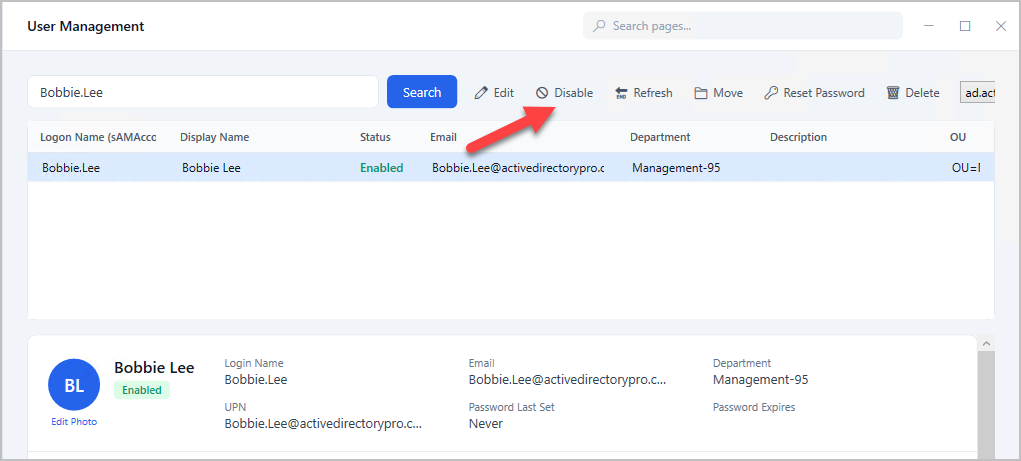 AD Pro Toolkit with a searched account selected and the Disable button