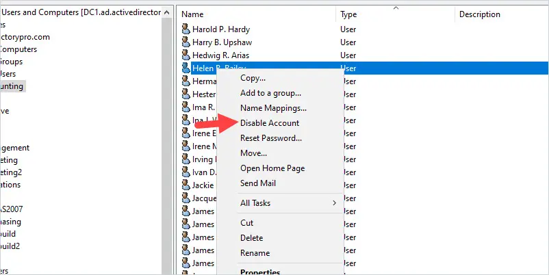 ADUC with a user account right clicked and Disable Account selected