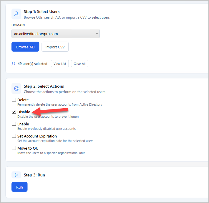 Bulk user management tool set to Disable with accounts loaded from a CSV